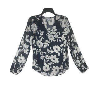 Liz Claiborne Blouse Women's Small Navy Blue Floral V-Neck LS 100% Rayon NEW